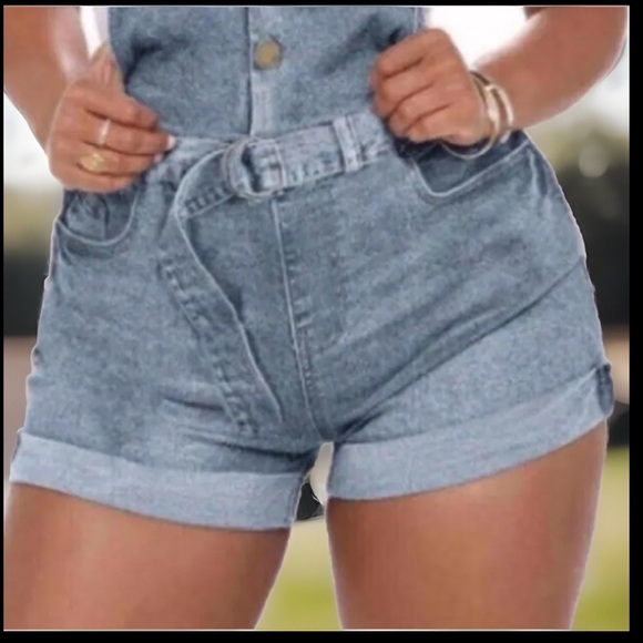 90’s Style Trend Stone Wash Style Button High Waist Overalls Demin Jumper Shorts - Picture 8 of 16